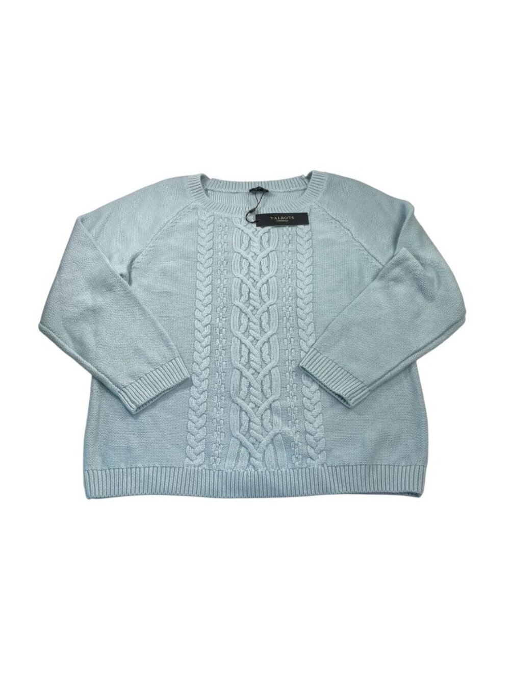 Talbots Minimalist Sweater XL Blue Angora Cable Knit Fisherman Preppy Coastal
